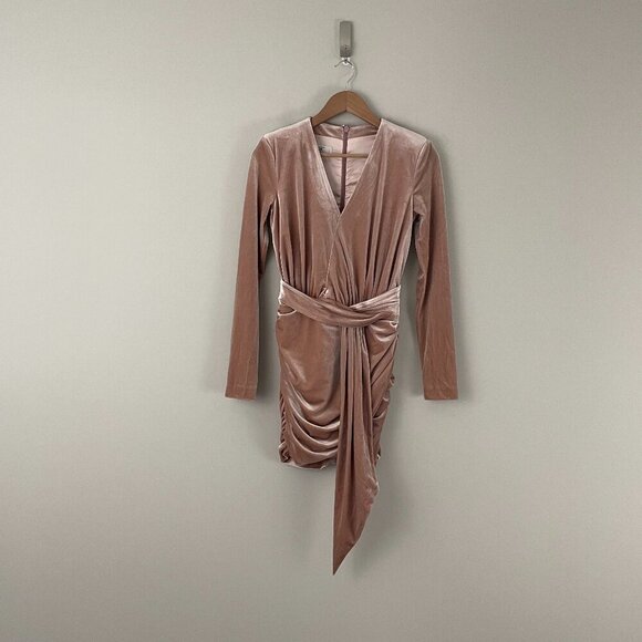 House of CB Farrah Pink Velvet Ruched Deep V Mini Dress Size Small - Picture 1 of 7